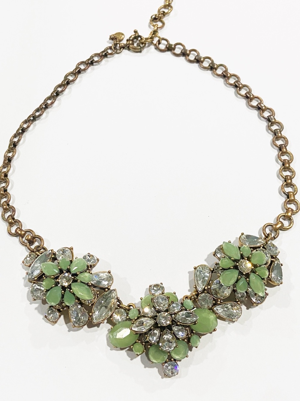 J Crew Floral Statement Necklace - Green Crystal Accents Gold Tone